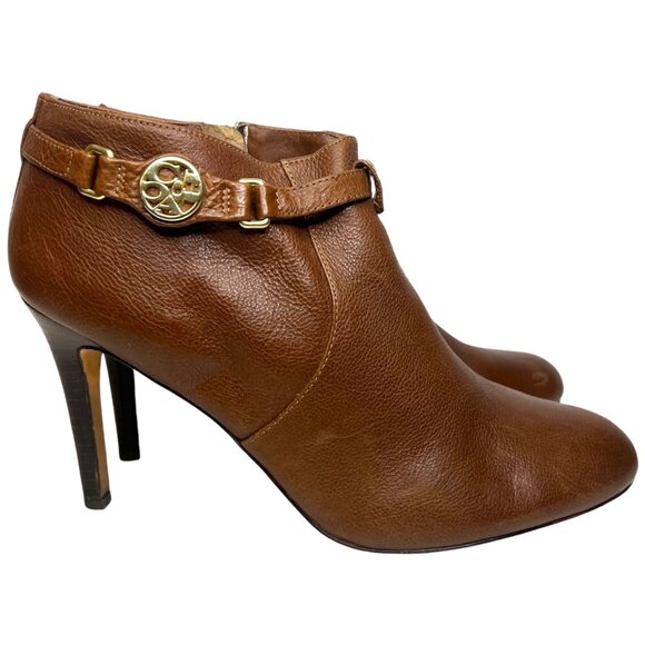 COACH 10 Salene Logo Ankle Booties Dark Ginger Brown Leather Stiletto Heel Boots - Picture 1 of 7